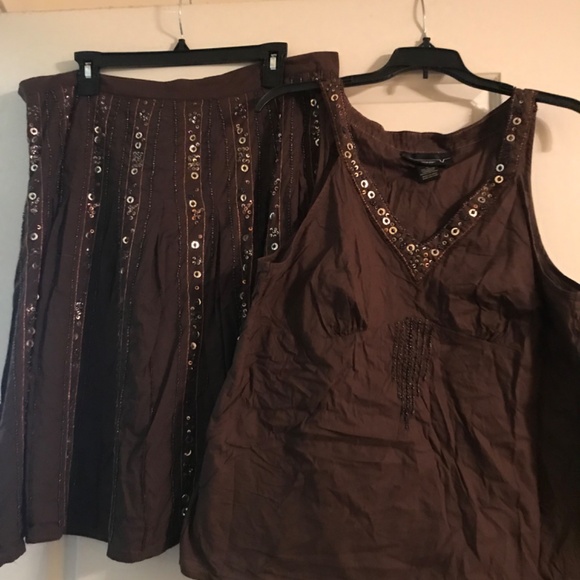 Brown Embellished Sequin Skirt and Tanktop Set - Picture 4 of 5